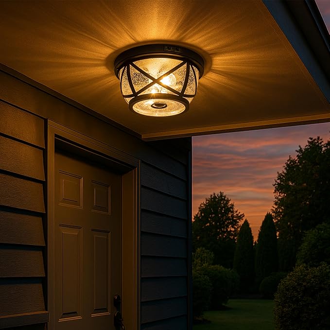 Motion Sensor Ceiling Light Fixture Outdoor Flush Mount Manual Dusk to Dawn Matte Black Waterproof Indoor Ceiling Light Fixture with Seeded Glass for Front Porch Garage Entrance