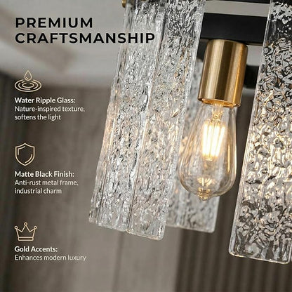Black Crystal Chandeliers for Dining Room, 35.4" Modern Chandelier for Living Room,Water Ripple Glass Design, Adjustable Height, Rectangle Hanging Light Fixture for Living Room Kitchen Island