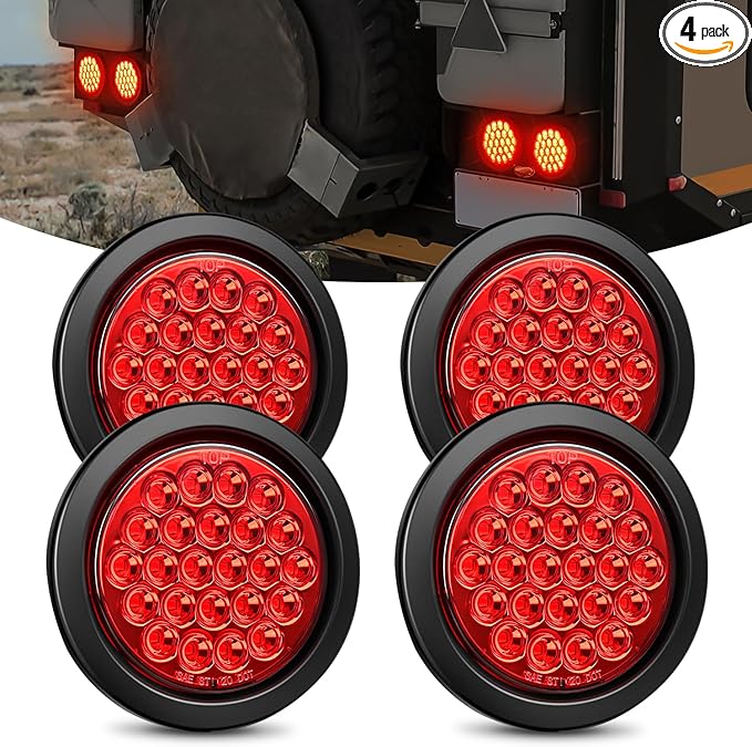 Nilight 4Inch Round Trailer Tail Light 4PCS 24LED Red Stop Brake Turn Marker Lights w/Flush Mount Grommets Plugs IP67 Waterproof for 12V Truck Bus RV Camper ATV UTV