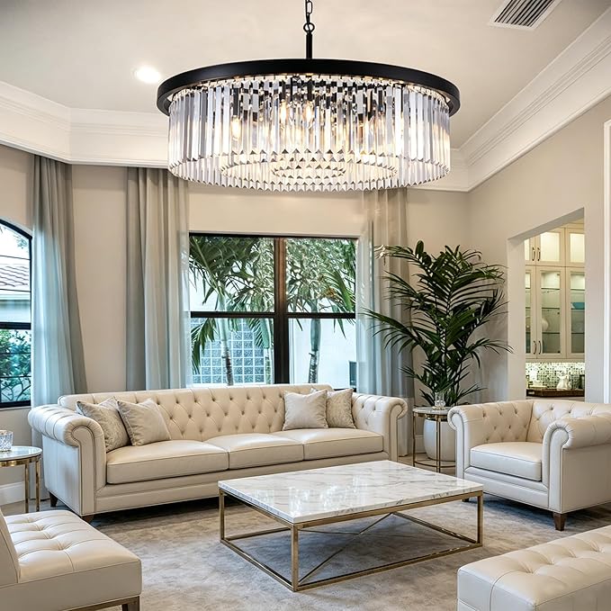 Wellmet Modern Black Crystal Chandelier, 33.5" Large 3-Tier Round Pendant Light with Adjustable Chain, 9-Light Luxury Crystal Ceiling Fixture for High Ceiling Foyer, Grand Living Room, Dining, Bedroom