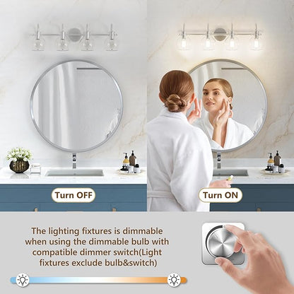 4-Light Bathroom Light Fixtures, Brushed Nickel Vanity Light, Farmhouse Wall Lights with Clear Glass Shade, Bathroom Wall Lamp for Mirror Kitchen Bedroom Hallway Living Room Hallway Cabinet