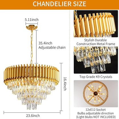 Modern Crystal Chandelier 12 Lights Gold Chandeliers for Dining Room Chandeliers Crystal Living Room Bedroom Foyer Hallway Luxury Chandelier Light Fixture with Light W24in