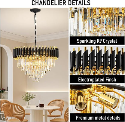 24" Modern Black and Gold Crystal Chandelier for Dining Room,5-Tier 10 Lights K9 Crystal Large Pendant Light Chandeliers Luxury Round Ceiling Light Fixture for Living Room Entryway Foyer