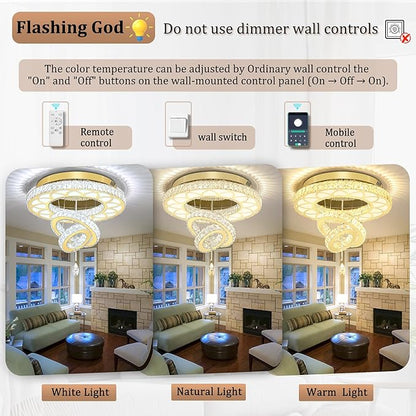 Flashing God Dia 24" Modern Crystal Chandelier for Living Room Gold Ceiling Chandelier Flush Mount Crystal Ceiling Light for Dining Room Bedroom Hallway