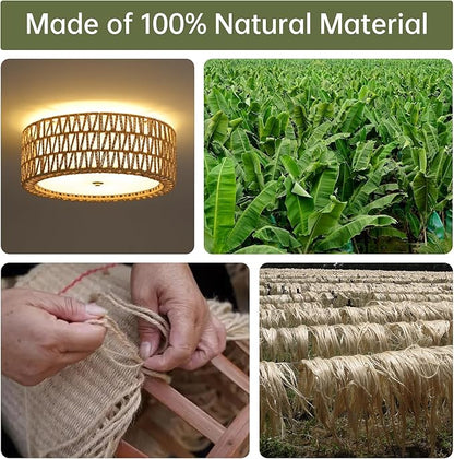 Boho Rattan Ceiling Light 15.7" Flush Mount Ceiling Light 3-Light Rattan Light Fixture, Bohemian Semi Flush Mount Ceiling Light Bedroom Ceiling Light for Dining Room Hallway Entryway Foyer