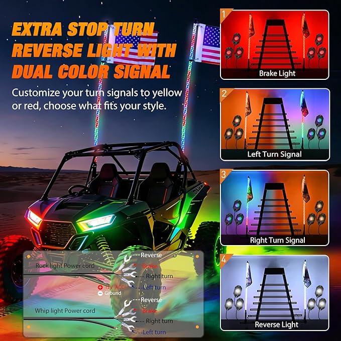 Nilight 2PCS 4FT RGB LED Whip Light with Spring Base and 6 PCS Rock Lights Combo, Remote App Control w/DIY Chasing Patterns Turn Signal Brake Reverse Antenna Lighted Whips for ATV UTV Polaris RZR Jeep