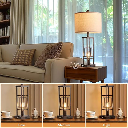 Reaketon Table Lamp for Living Room Set of 2 with USB Charging Ports, 3-Way Dimmable 27.6" Farmhouse Lamps for Bedroom, Rustic Bedside Lamp, Industrial Nightstand Lamps, Bulbs Included