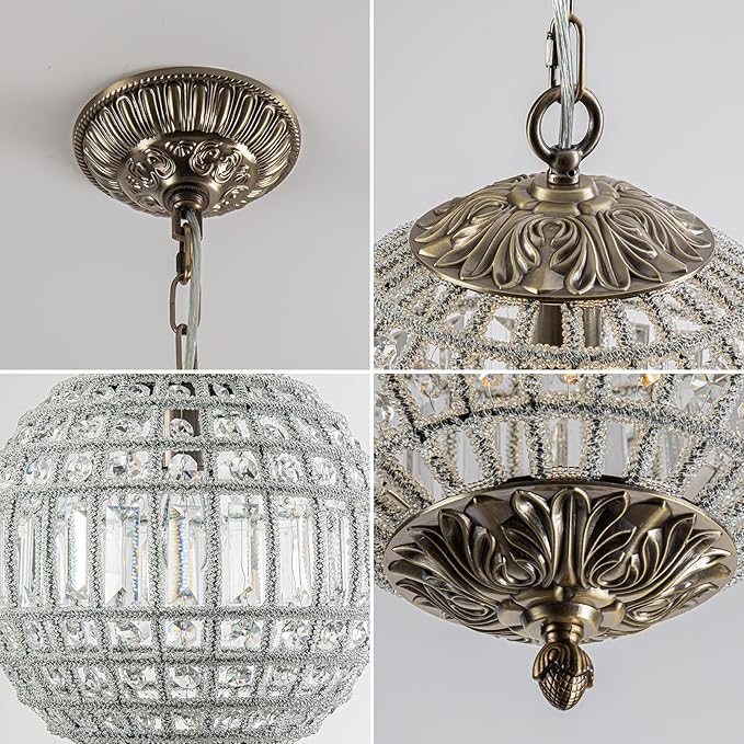 Crystal Globe Chandelier, 12" Vintage Sphere Chandelier Crystal Pendant Light Fixture for Dining Room Foyer Entryway Kitchen Island Antique Brass