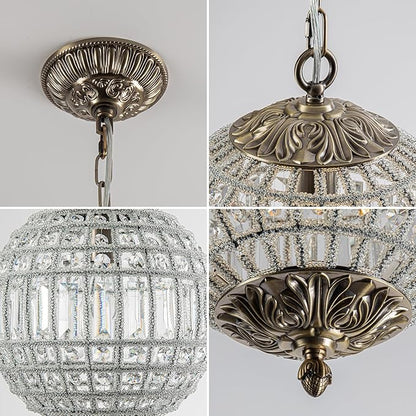 Crystal Globe Chandelier, 12" Vintage Sphere Chandelier Crystal Pendant Light Fixture for Dining Room Foyer Entryway Kitchen Island Antique Brass