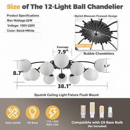 Longree 12-Light Black and White Sputnik Chandelier Opal Glass Flush Mount Ceiling Light Fixture with Blossom Accent, Mid Century Milk Glass Bubble Starburst Lighting for Dining Living