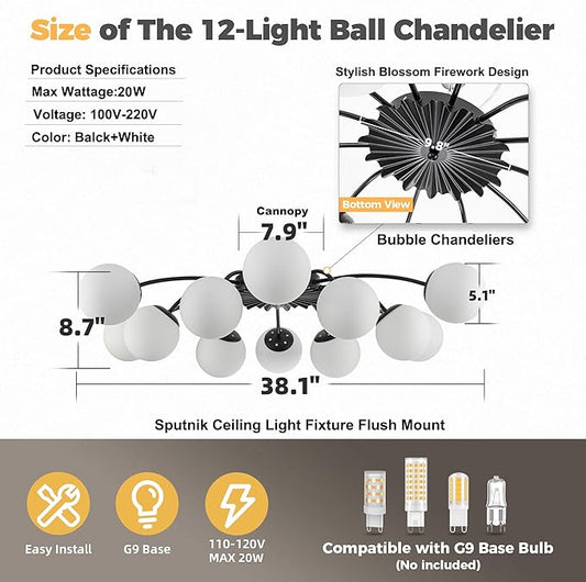 Longree 12-Light Black and White Sputnik Chandelier Opal Glass Flush Mount Ceiling Light Fixture with Blossom Accent, Mid Century Milk Glass Bubble Starburst Lighting for Dining Living