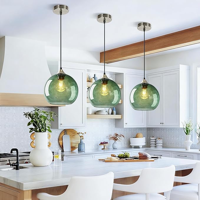 Large Gray Green Glass Pendant Light, 3-Pack Modern Ceiling Light Fixture with 3 Bulbs, 4.92ft Adjustable Cord, Lighting for Kitchen Island, Dining Room, Living Room, Entryway (9.1Inch)
