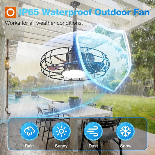 addlon 20 Inch Outdoor Ceiling Fan with Light for Patio, IP65 Waterproof Plug in Caged Hanging Fan, Remote Control, 3 CCT, 6 Speeds Reversible Outdoor Fan for Gazebo, Pergola, Porch