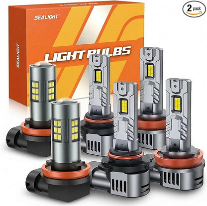SEALIGHT 9005/HB3 H8/H9/H11 Light Bulb Combo and H11 Fog Lights, 100,000LM Ultra-Bright 6500K 9005 H11 Bulbs with Cooling Fan, 360° Illumination True Plug N Play, Non-polarity, Pack of 6