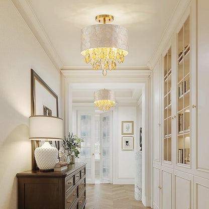 3-Light Capiz Shell Crystal Drum Ceiling Light, Coastal Style Close to Ceiling Light Fixture for Dining Room, Living Room & Bedroom, D12 * H14 inch, Champagne Crystal & Gold Finish