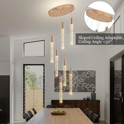 7-Lights High Ceiling Crystal Chandelier, Modern LED Raindrop Pendant Light Fixture 60" H Flush Mount Chandelier Gold for Foyer Staircase Living Room