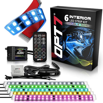 OPT7 Aura Double Row Car LED Lights Interior 6pc with Wireless Remote Control, Multicolor Mode, Sound Active Function Inside Ambient Lighting Kit, Footwell Floor Decor, Charger Adapter 12V