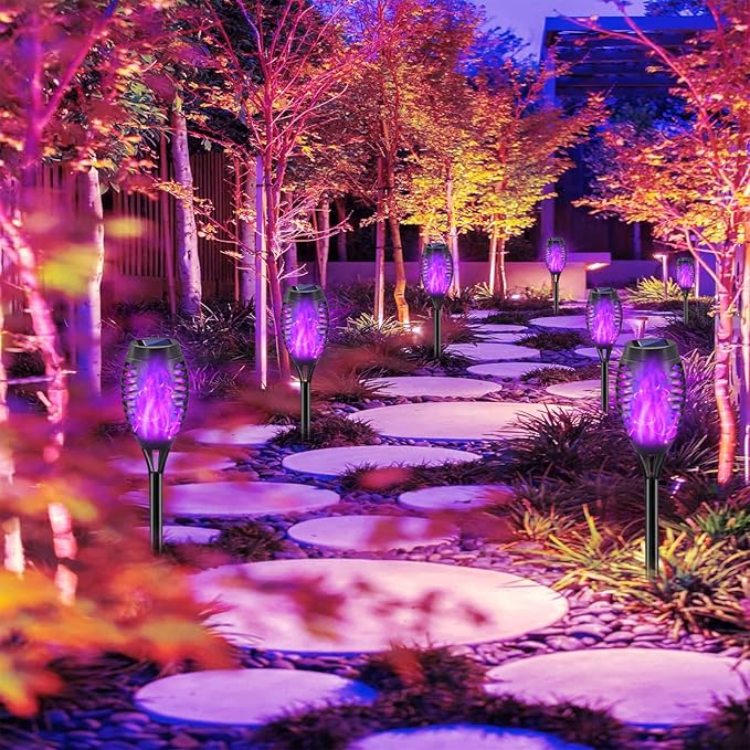 Halloween Decorations Outdoor, 12 Pack Purple Solar Lights Outdoor Waterproof 12 LED Mini Tiki Torch Lights with Flickering Flame for Outside Landscape Garden Pathway Dusk to Dawn Auto On/Off