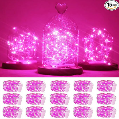 SmilingTown 15 Packs 20 Led Pink Fairy String Lights Battery Operated 6.6ft Silver Wire Firefly Starry Lights Waterproof for Bedroom DIY Table Bottle Wedding Valentine's Day Party Decor