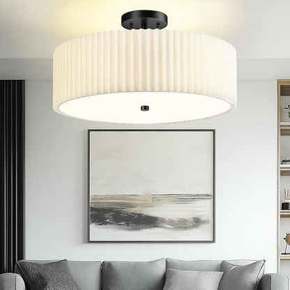 Semi Flush Mount Ceiling Lights, 4-Light 18" Matte Black Ceiling Light Fixture with White Pleated Fabric Shade, Drum Lamp for Nursery Hallway Bedroom Kitchen, AD-25036-4SF-BK
