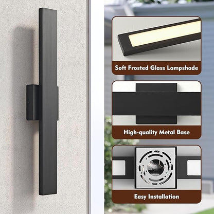 23.6inch Long Outdoor Modern LED Wall Light,24W Waterproof IP65 Warm White Led Wall Mount Lighting Fixture Black Outdoor Wall Sconces Outside Lights for House Garage Front Door Patio 2Pack