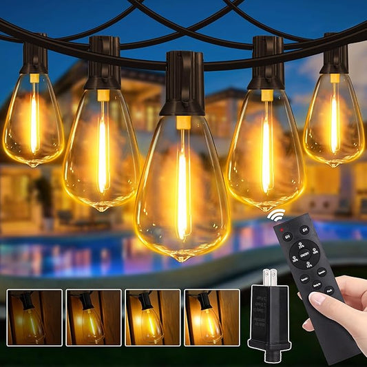 Guhope Outdoor String Lights Dimmable with Remote, 100 FT Outdoor Lights with 2 Timer and 3 Mode, Waterproof & Shatterproof Patio Lights, 2200K Energy Saving String Lights 3 Spare Bulbs for Patio Yard