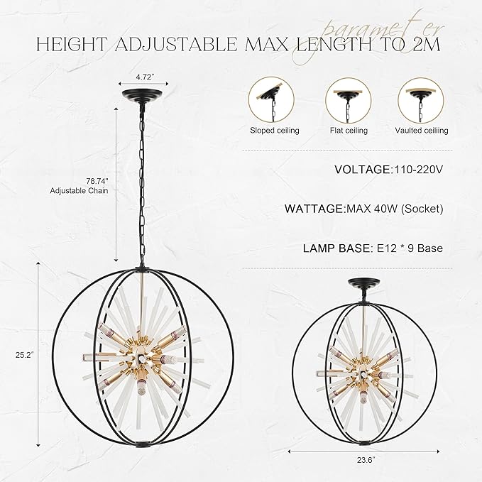 23.6" Black Gold 9-Light Globe Sputnik Chandelier Modern Firework Hanging Ceiling Glass Tube Pendant Light Fixture for Entryway Foyer Staircase Dining Living Room Hallway