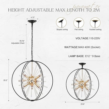 23.6" Black Gold 9-Light Globe Sputnik Chandelier Modern Firework Hanging Ceiling Glass Tube Pendant Light Fixture for Entryway Foyer Staircase Dining Living Room Hallway