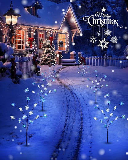 Brightown Snowflake Pathway Lights, 4 Packs Christmas Yard Decor, Small Christmas Tree with Lights, Blue and White