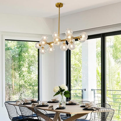 16-Light Mid Century Modern Chandelier: 39.4" Long Linear Gold Sputnik Chandeliers - Swirled Clear Glass Globe Chandelier Dining Room Light Fixture - High Ceiling Kitchen Island Living Room Lighting