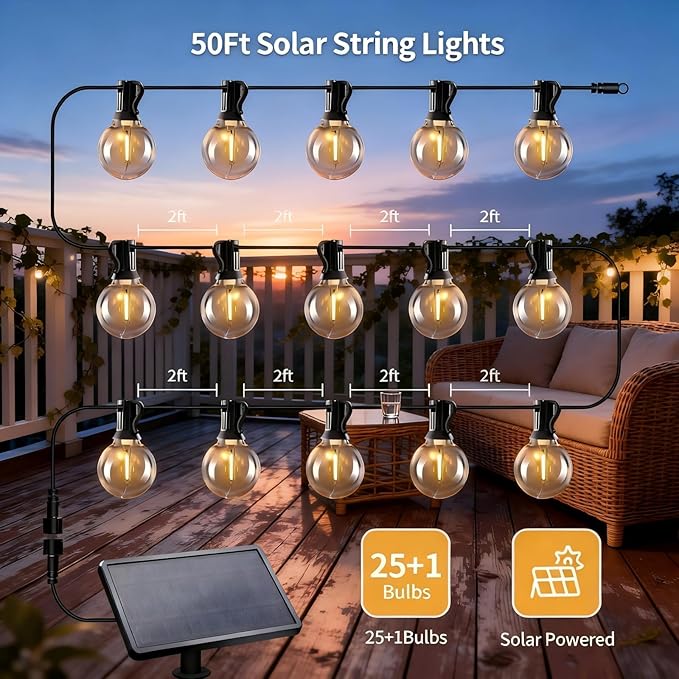 SANBEN Solar String Lights Outdoor with Remote, 50ft 25 Bulbs Solar Powered Patio Lights Waterproof, Dimmable & Timer, G40 LED Solar Lights for Camping Deck Backyard Garden Fence