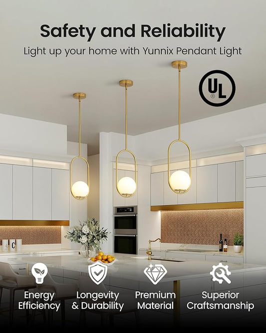 Yunnix Pendant Lights Kitchen Island, Pendant Light Fixtures, Modern Gold Globe Glass Pendant Lighting, Brass Mid Century Chandelier One Light for Bathroom Bedroom Dining Room(Bulb Not Included)
