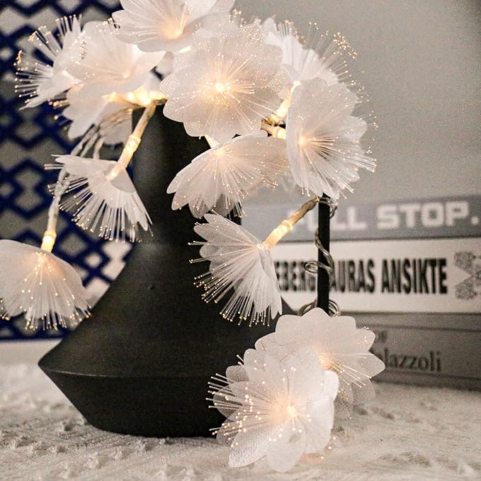 Fiber Optic Flower String Light, 14ft 20 Led Flower Light Waterproof, Battery Powered, for Bedroom, Christmas Tree, Garland, Wedding Party, New Year, Garden Romantic Decor Warmwhite