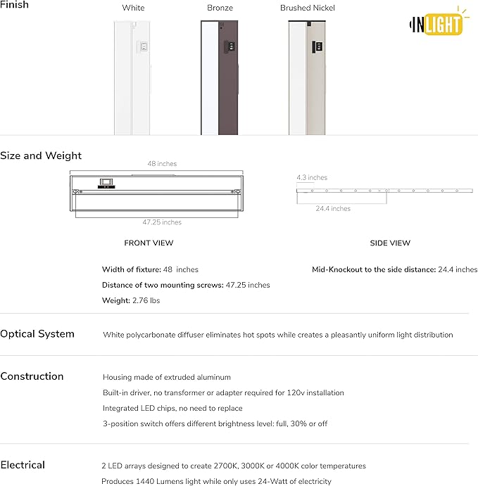 Getinlight 48-inch 3 Color Levels LED Under Cabinet Lighting, Hardwired or Plugged-in, Selectable White 2700K/3000K/4000K, Dimmable, White Finished, IN-0210-6