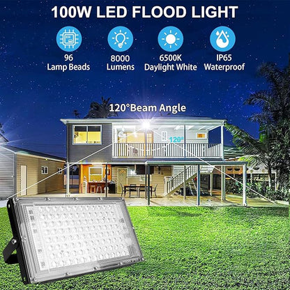 100W LED Outdoor Flood Light, 2 Pack 8000LM Plug in Flood Light Outdoor, IP66 Waterproof Exterior Security Lights, 6500K Daylight White Super Bright Floodlight for Garage, Yard, Lawn, Garden