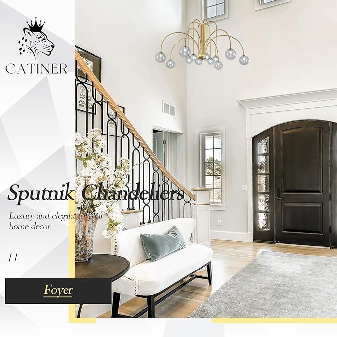 CATINER Gold Chandeliers 12 Lights Modern Sputnik Chandelier Large L52”Mid Century Ceiling Pendant Light Fixtures with Smoke Glass Globe Shades for High Ceiling Living Dining Room Foyer Staircase