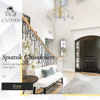 CATINER Gold Chandeliers 12 Lights Modern Sputnik Chandelier Large L52”Mid Century Ceiling Pendant Light Fixtures with Smoke Glass Globe Shades for High Ceiling Living Dining Room Foyer Staircase