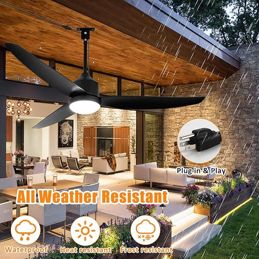 Depuley Outdoor Ceiling Fan with Light: 52 Inch Gazebo Fan Outdoor Hanging - Plug in Waterproof Fans with Lights for Patio - Dimmable Remote App Control Black