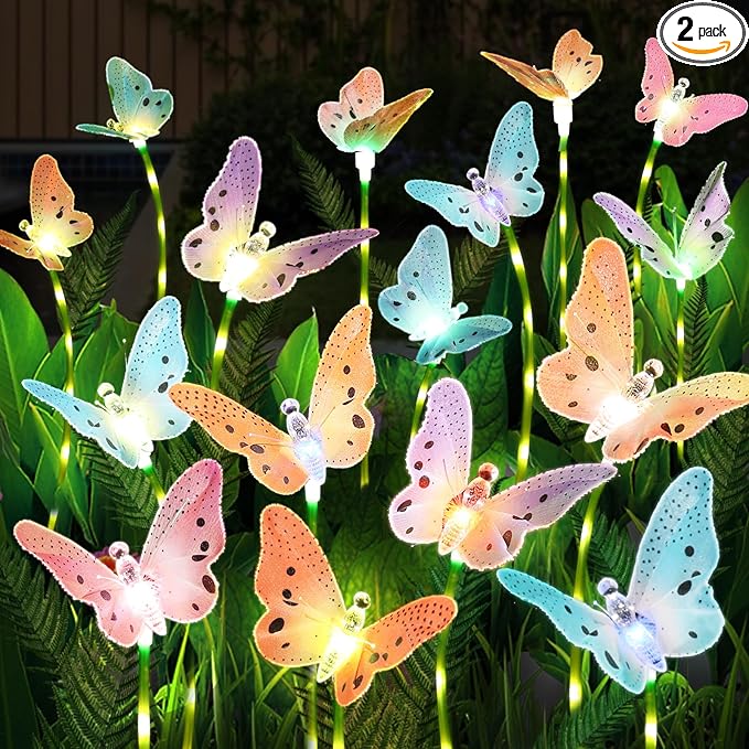 Weepong Solar Lights Outdoor Decorations Waterproof Newest Solar Garden Lights with Glowing Stems, 7-Color Changing Butterfly Flower Light for Outside Yard Pathway Garden Decor, Gift for Mother,2Pack