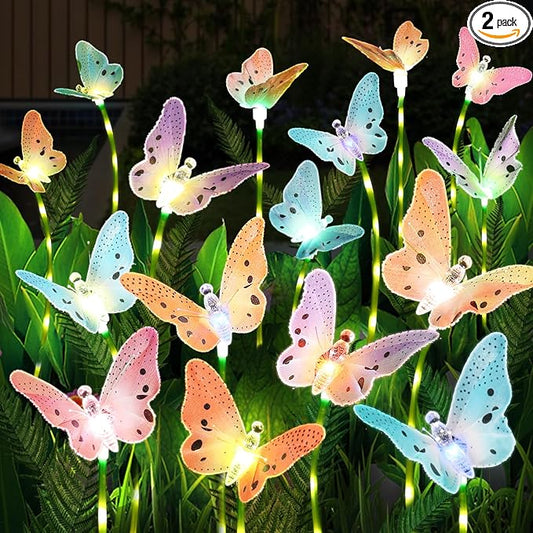 Weepong Solar Lights Outdoor Decorations Waterproof Newest Solar Garden Lights with Glowing Stems, 7-Color Changing Butterfly Flower Light for Outside Yard Pathway Garden Decor, Gift for Mother,2Pack