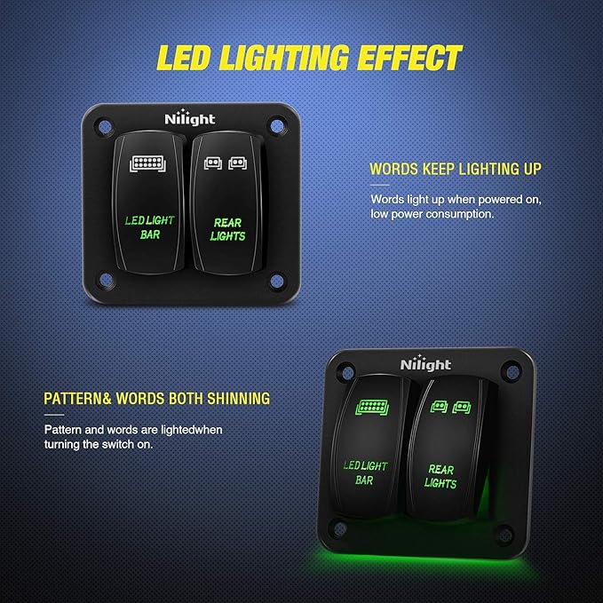 Nilight 2 Gang Rocker Switch Panel LED Light Bar Rear Lights 12 24V DC Green Switches 5Pin ON Off Pre-Wired Toggle for Cars ATVs UTVs