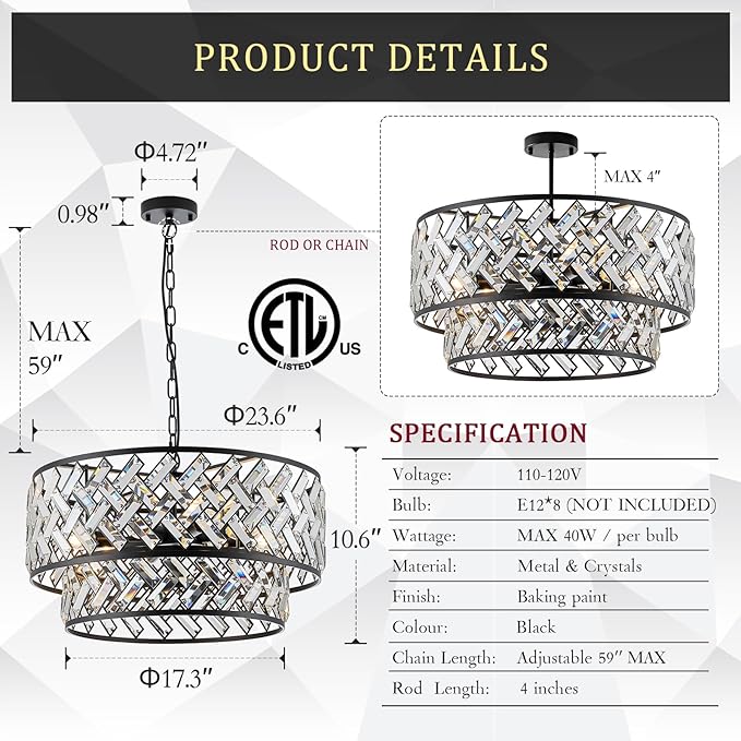 CATINER Black Crystal Chandelier, 8-Light Drum Semi Flush Mount Ceiling Light, 24'' Modern Crystal Pendant Chandelier for Dining Room, Living Room, Bedroom, Kitchen, Foyer