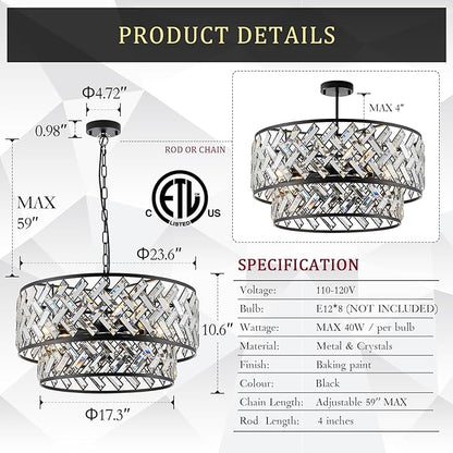 CATINER Black Crystal Chandelier, 8-Light Drum Semi Flush Mount Ceiling Light, 24'' Modern Crystal Pendant Chandelier for Dining Room, Living Room, Bedroom, Kitchen, Foyer