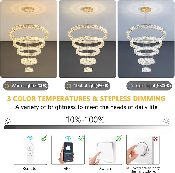 Modern High Ceiling Crystal Chandelier 90W Dimmable LED Chandeliers with Remote Luxury Height Adjustable Large Lighting Fixtures for Living Room Staircase Foyer Gold