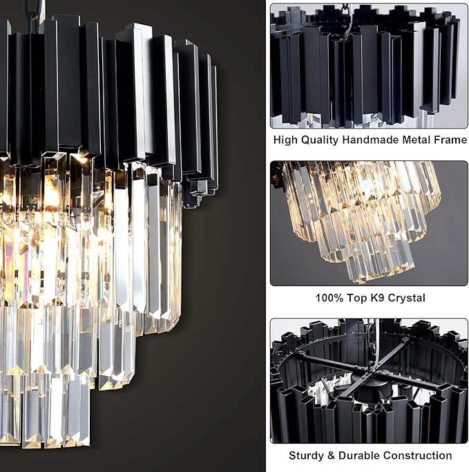 15.8" Black Crystal Chandelier, 5-Light Modern Chandelier, 3-Tier Round Pendant Light Fixture for Dining Room, Kitchen Island, Bedroom, Living Room, Foyer, Entryway, Small Crystal Chandeliers