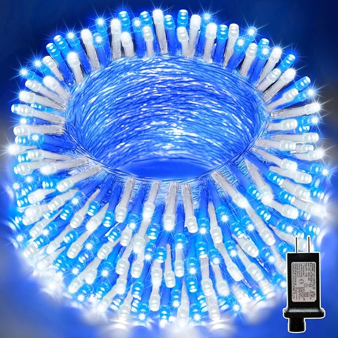 33FT 100 LED Blue White String Lights, 16 Modes Plug In Mini Fairy Lights, Waterproof Outdoor Christmas Lights for Hanukkah, July 4th Patriotic Decor, Xmas Tree Garland Bedroom Ocean Party Decoration