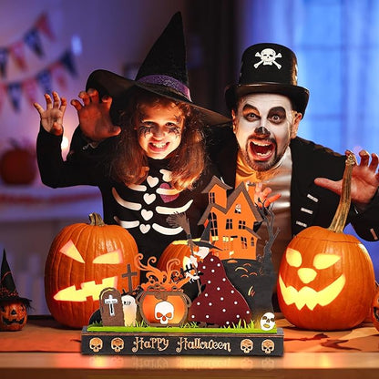 2 Pieces Wooden Halloween Table Decorations Indoor, Festival Decoration Night Light, Witch Tombstone Castle Halloween Decor for Desk Table Fireplace Room Living Room Kitchen Office Bar