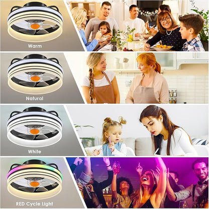 Mpayel Flush Mount Ceiling Fan with Light - Small Low Profile Ceiling Fan,13" RGB Dimmable LED Bladeless Ceiling Fans, Modern Enclosed LED-RGB Ambient Light for Bedroom, Kids Room, Party