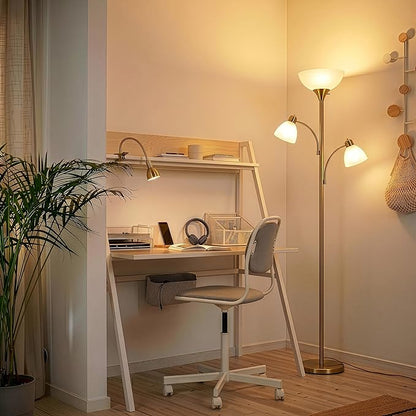 Brightech Sky Dome Double LED Floor lamp, Torchiere Super Bright Floor Lamp with 2 Reading Lamps for Living Rooms & Offices - Dimmable Tall Standing Lamp for Bedroom Reading - Tall Brass Pole