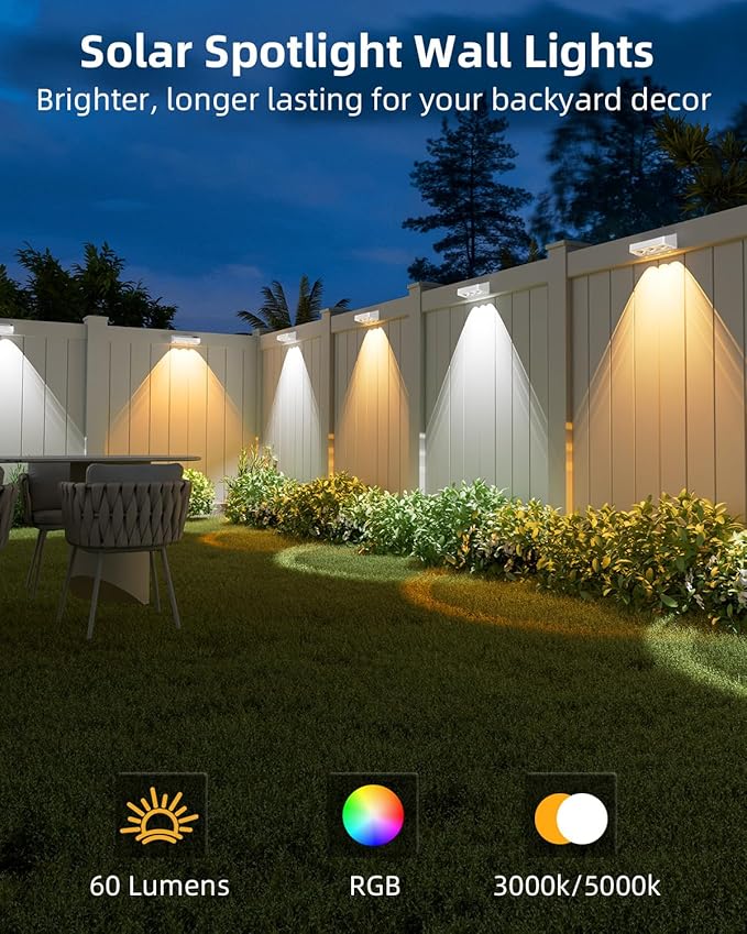 JOFIOS Solar Fence Lights Outdoor, 8 Pack, 9 Fixed Colors ＆ Color Changing LED Light Solar Powered Waterproof IP65 Dusk-to-Dawn Vinyl Fence Lights for Patio, Railing, Pool, Porch, Backyard, Wall